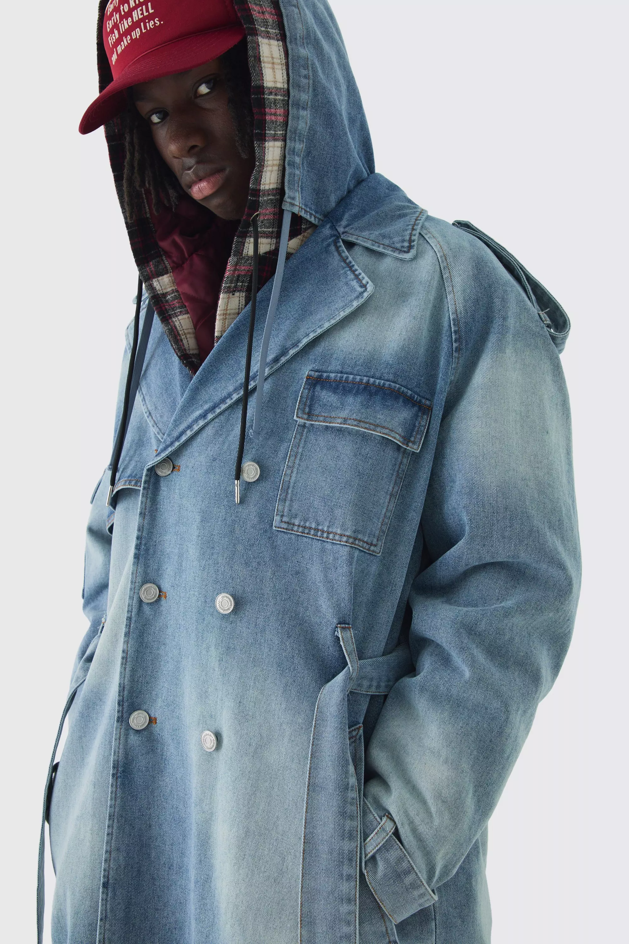 Oversized Hooded Denim Trench Coat boohooMAN USA